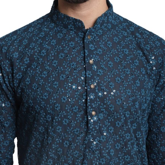 Georgette Floral Embroidery Blue Kurta Pyjama Set For Men Wedding/ Party Wear - Picture 4 of 6